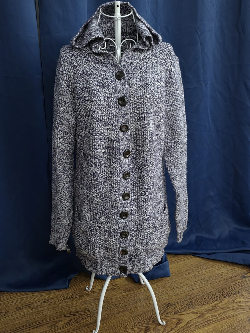Chunky Hooded Button-Up Cardigan - Purple And Gray XL